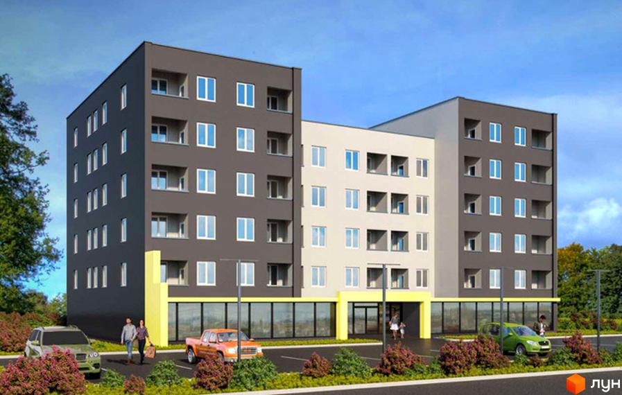 Зображення фасаду та прибудинкової території Новобудови Парковий квартал. Багатоповерховий будинок з парковкою та зеленими насадженнями.