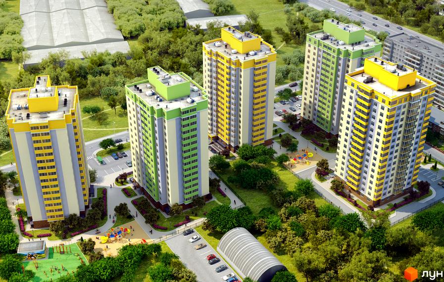 Житловий комплекс Відрадний - це сучасні багатоповерхові будинки з яскравим фасадом та упорядкованою прибудинковою територією з дитячими майданчиками та зеленими зонами.