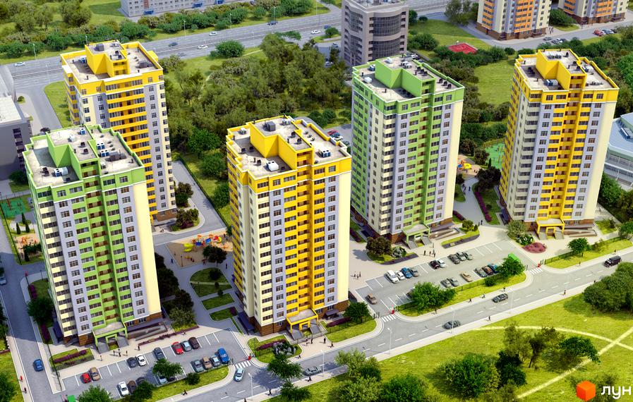 Житловий комплекс Відрадний. Зелені та жовті багатоповерхові будинки з сірими вікнами. Навколо будівель розташовані дороги, автостоянки та зелені зони з деревами та дитячими майданчиками.