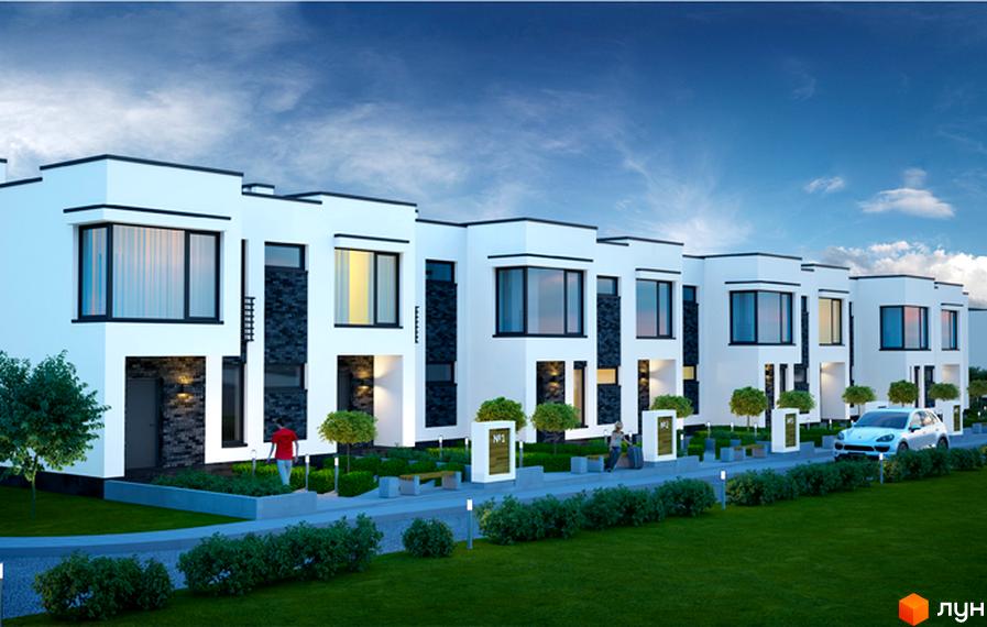 Таунхауси Sirius: білі двоповерхові будинки з чорними елементами та великими вікнами. Прибудинкова територія з зеленими насадженнями, доріжками та лавками.