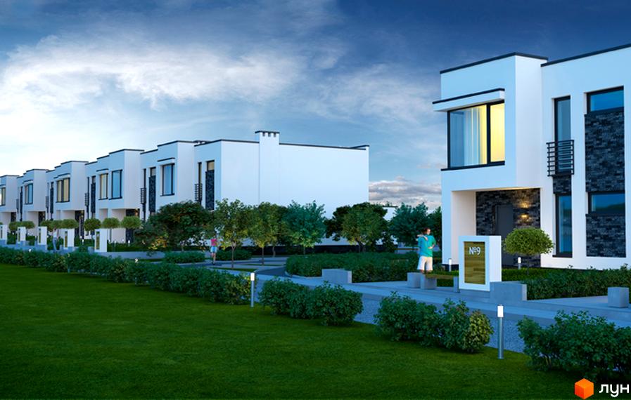 Новобудова Таунхауси „Сіріус“ з білими фасадами та темними акцентами. Озеленена прибудинкова територія з доріжками та освітленням.