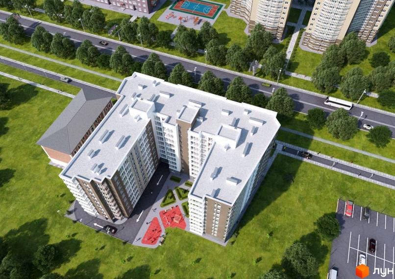 Зовнішній вигляд житлового комплексу IL Patio з багатоповерховими будинками та прибудинковою територією з дитячим майданчиком та парковкою.