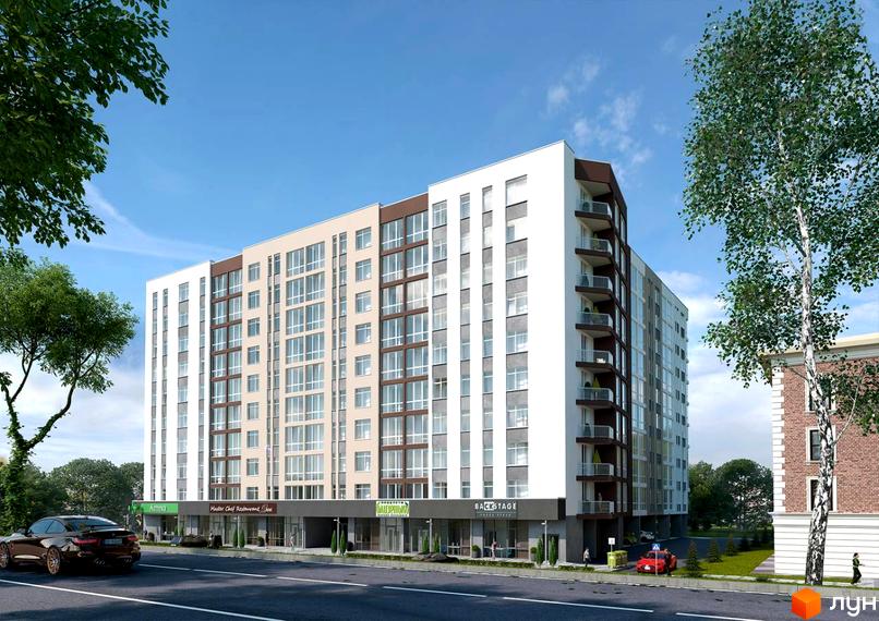 Сучасна новобудова ЖК IL Patio з великою кількістю вікон та балконів. Прибудинкова територія з деревами та дорогою.