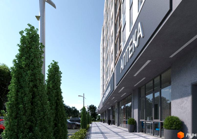 Зовнішній вигляд новобудови ЖК IL Patio з фасадом та вітринами магазинів. Навколо будинку висаджені зелені дерева та облаштована пішохідна зона.