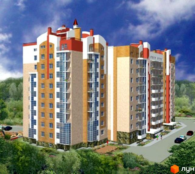 Багатоповерховий житловий будинок на вул. Жасминова, 5б, з фасадом у світло-коричневих, бежевих та червоних тонах. Навколо зелень та дорога.