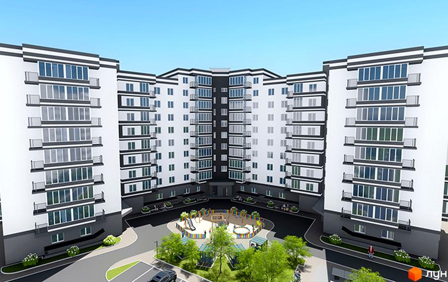 Зовнішній вигляд житлового комплексу Панорама з численними балконами та великими вікнами. На прибудинковій території розташований дитячий майданчик та зелені насадження.