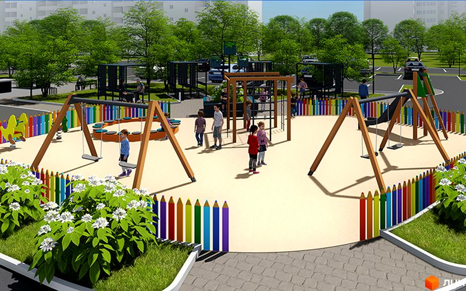 Дитячий майданчик ЖК Панорама з гойдалками, пісочницею та гірками. Навколо майданчика кольорова огорожа у вигляді олівців та зелені насадження.