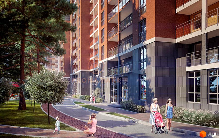 Зображення фасаду та прибудинкової території Житлового комплексу Krona Park. Вигляд на багатоповерховий будинок з балконами та пішохідну зону.