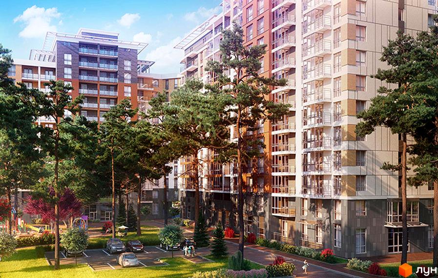 Зображення житлового комплексу Krona Park. Багатоповерхові будинки з балконами, великі дерева, зелені газони, парковка та дитячий майданчик.