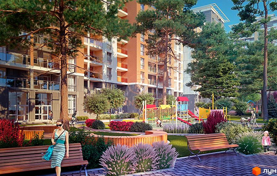 Житловий комплекс Krona Park: багатоповерхові будинки з балконами. Прибудинкова територія з дитячим майданчиком, лавками та зеленими насадженнями.
