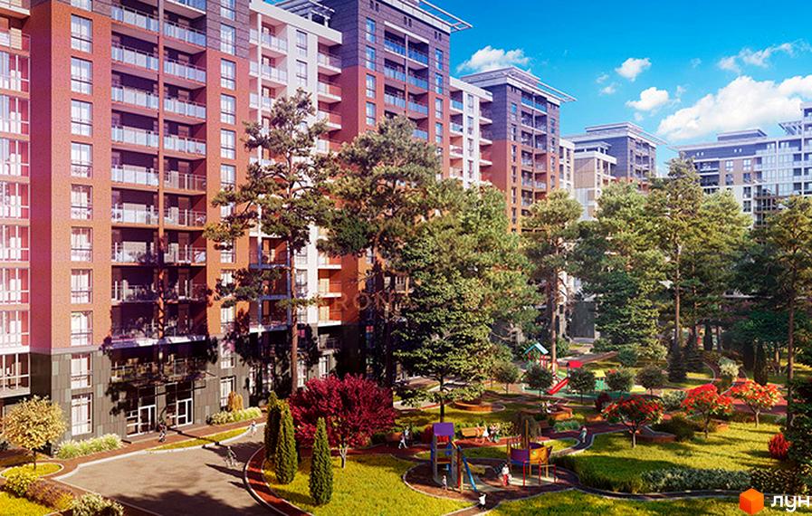 Багатоповерхові будинки Житлового комплексу Krona Park з балконами та різнокольоровими фасадами, оточені зеленим парком з дитячими майданчиками.
