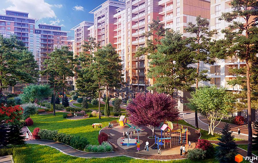 Зображення житлового комплексу Krona Park з багатоповерховими будинками та великою зеленою зоною з дитячим майданчиком.