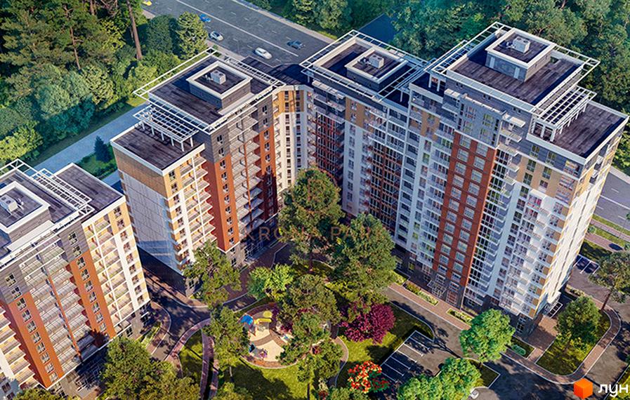 Зображення Житлового комплексу Krona Park з висоти пташиного польоту. Видно багатоповерхові будинки та зелений двір з дитячим майданчиком.