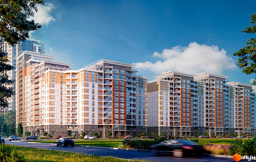 Зображення фасаду та прибудинкової території Житлового комплексу Krona Park. Вигляд багатоповерхового будинку з великими вікнами та балконами.