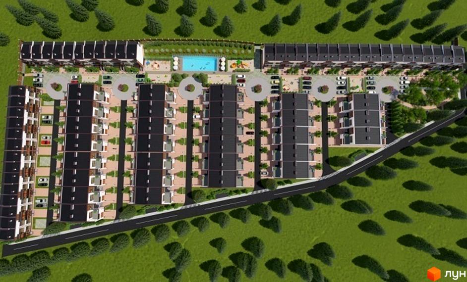 Вид зверху на таунхауси Green Place. На території комплексу є басейн, дитячий майданчик, парковка та зелені насадження.
