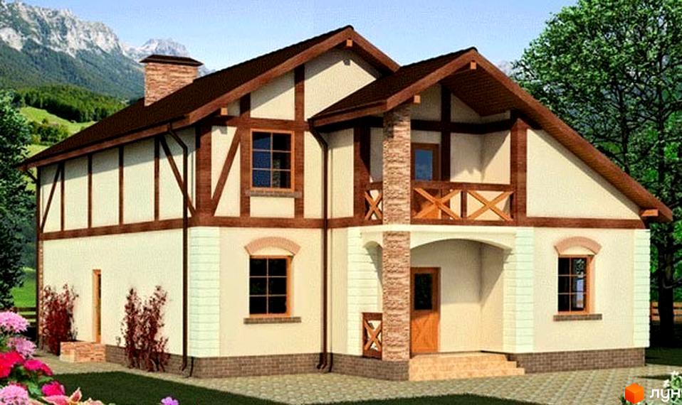 Котеджне містечко КМ Новий Хутір: двоповерховий будинок з коричневим дахом та дерев'яними балками на фасаді, зелена прибудинкова територія з квітами.