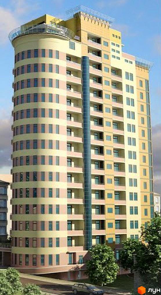 Будівельний проєкт на вул. Лукаша, 1. Багатоповерхова будівля з вигнутим фасадом, балконами та скляним ліфтом. Навколо зелені насадження та дорога з автомобілем.