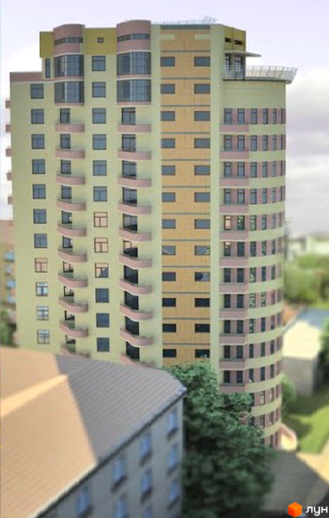 Сучасний житловий комплекс на вулиці Лукаша, 1, з багатоповерховими будинками та балконами. Навколо комплексу зелені насадження та сусідні будівлі.