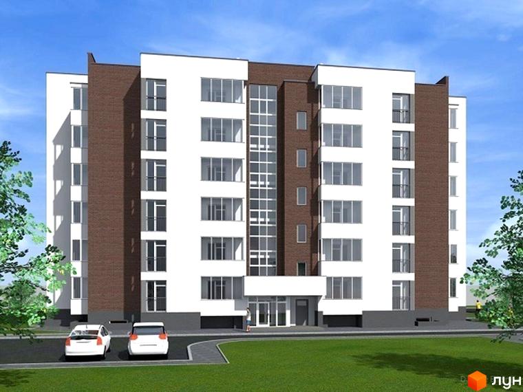 Житловий комплекс Сонячний майдан: багатоповерховий будинок з білим фасадом та коричневими секціями, перед яким розташовані зелений газон та парковка.