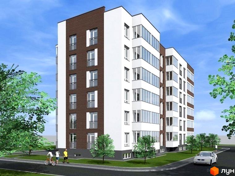 Житловий комплекс Сонячний майдан: багатоповерховий будинок з білими та коричневими фасадами, заскленими балконами. Навколо зелені дерева, доріжки та автомобіль.