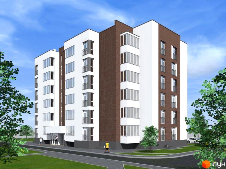 Житловий комплекс Сонячний майдан: біло-коричневий будинок з балконами та вікнами, оточений зеленими газонами та деревами.