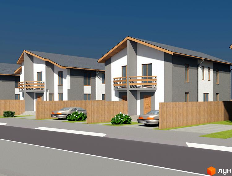 Котеджне містечко КМ Green Field. Сучасні двоповерхові будинки з сірими та білими фасадами, дерев'яними балконами та сірими дахами. Прибудинкова територія з дерев'яним парканом, зеленими кущами та автомобілями.