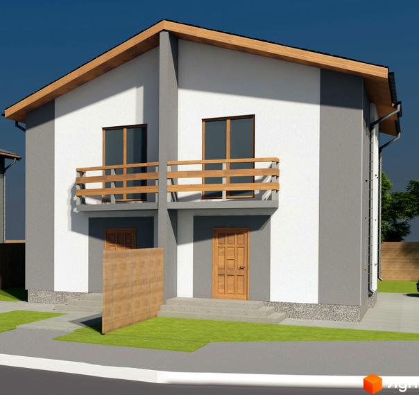 Котеджне містечко КМ Green Field: двоповерховий будинок з біло-сірим фасадом, дерев'яними балконами та дверима. Навколо будинку зелена галявина та доглянута територія.