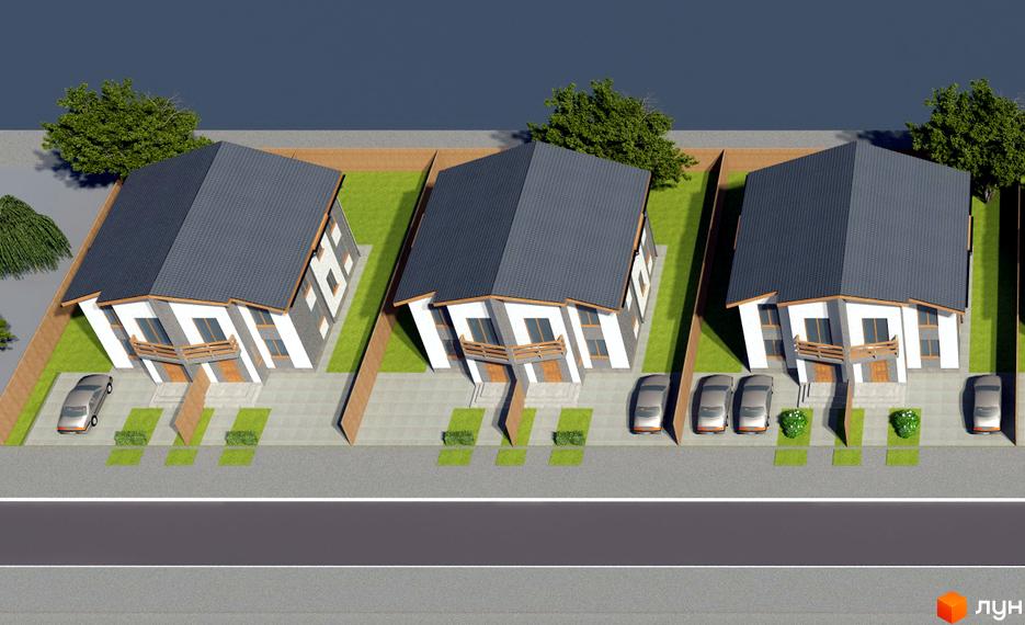 Котеджне містечко КМ Green Field. Три двоповерхові будинки з сірими дахами та біло-сірими фасадами, розташовані на доглянутих ділянках з газоном та паркомісцями.