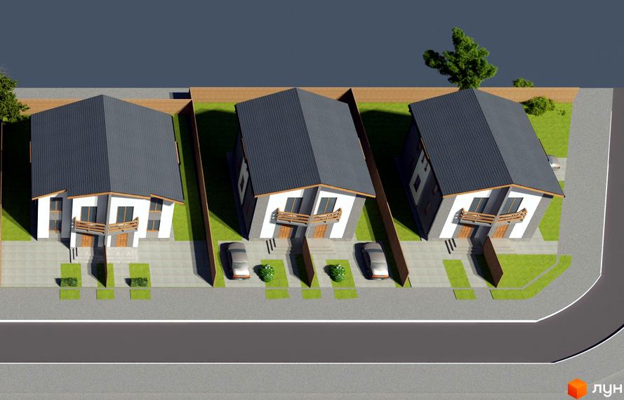 Котеджне містечко КМ Green Field: три однакових двоповерхових будинки з сірими дахами, білими фасадами та дерев'яними балконами. Прибудинкова територія з доглянутими газонами та паркуванням для авто.