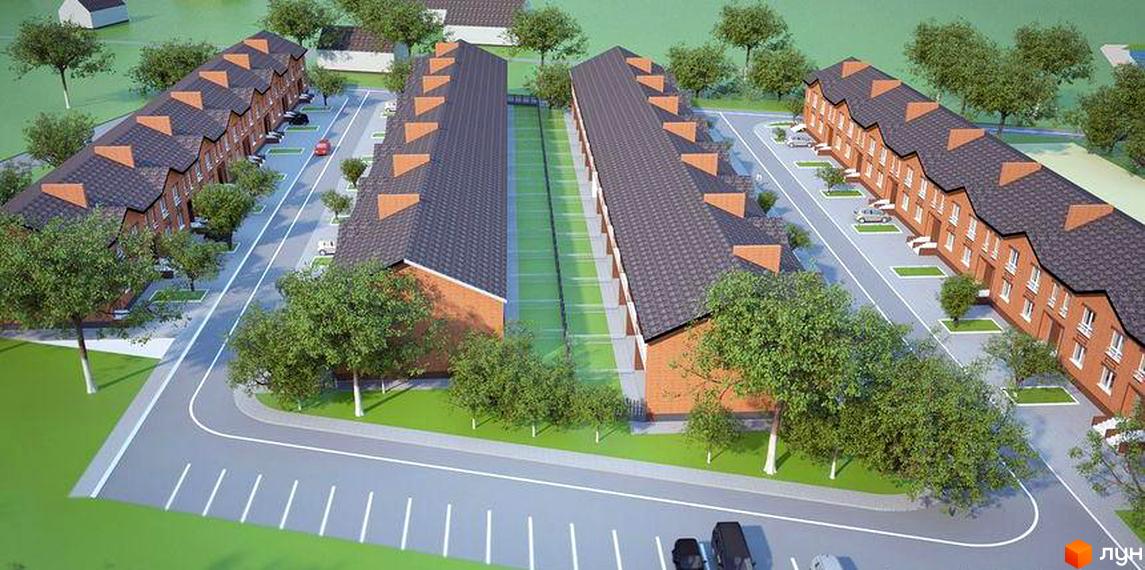 Таунхауси „Перший парковий“ з цегляним фасадом та темним дахом. Перед будинками розташована дорога з паркомісцями та зелені насадження.