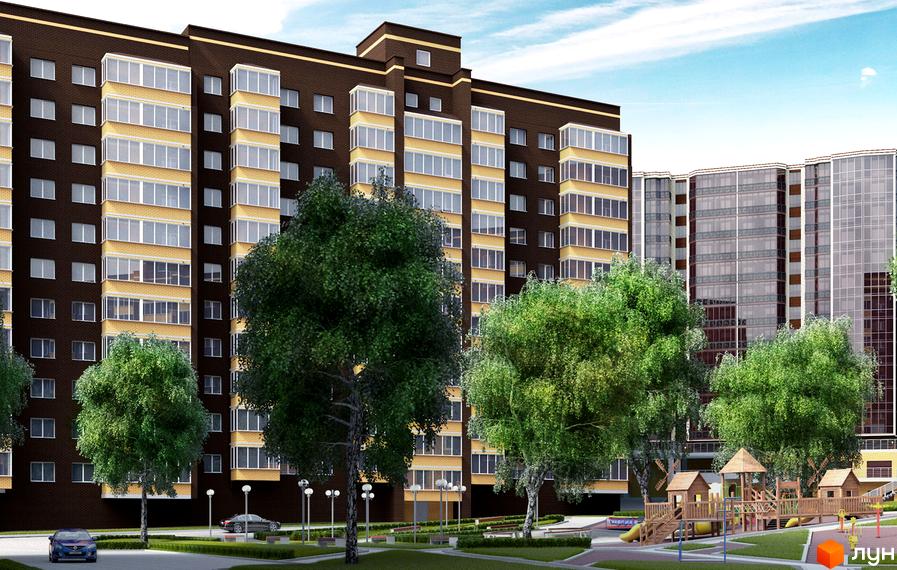 Житловий комплекс Шоколад з темно-коричневим фасадом та світлими балконами. Навколо будинку зелені дерева, доріжки та дитячий майданчик.