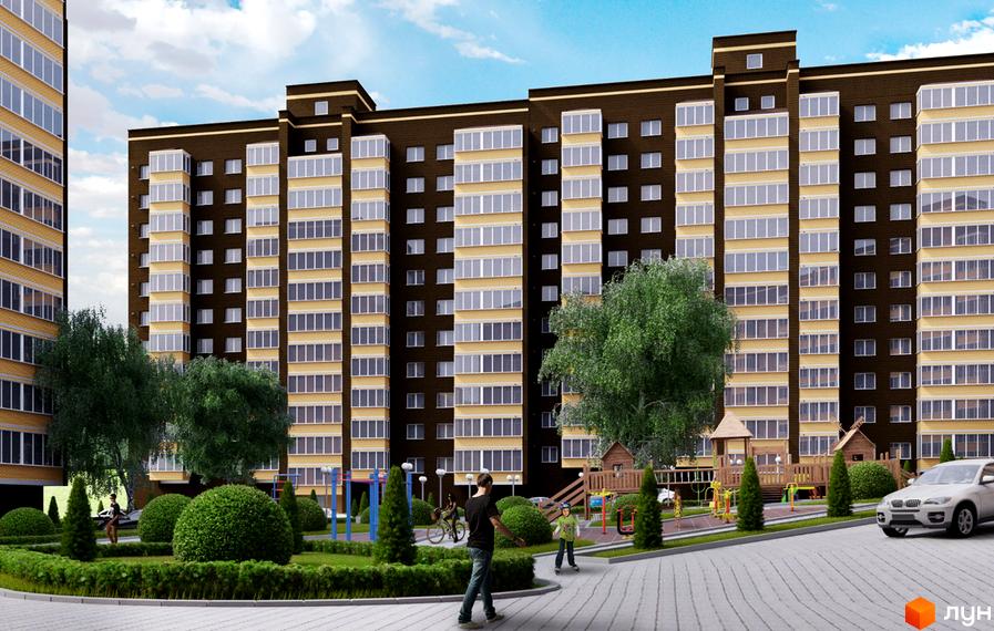 Житловий комплекс Шоколад: багатоповерховий будинок з темно-коричневим фасадом та світлими балконами, оточений зеленими насадженнями та дитячим майданчиком.