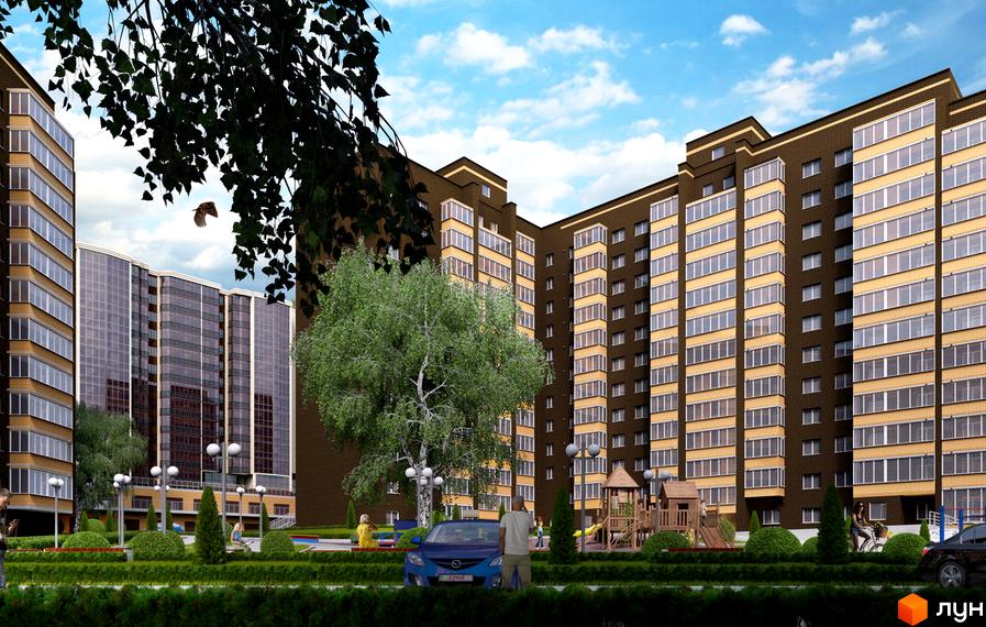 Житловий комплекс Шоколад має багатоповерхові будинки з коричневим фасадом та світлими балконами. Прибудинкова територія облаштована деревами, зеленими насадженнями та дитячим майданчиком.