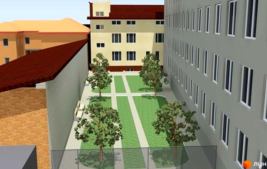 Клубний будинок „Княжий“: фасади будівель та внутрішній двір з зеленими насадженнями та пішохідними доріжками. Огляд новобудови.