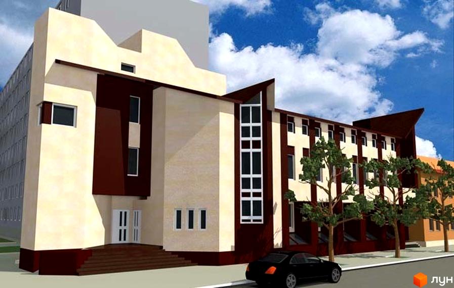 Клубний будинок Княжий має виразний фасад з поєднанням бежевих та темно-бордових елементів, великими вікнами та доглянутою прибудинковою територією з деревами. Зовнішній вигляд будівлі, що привертає увагу.