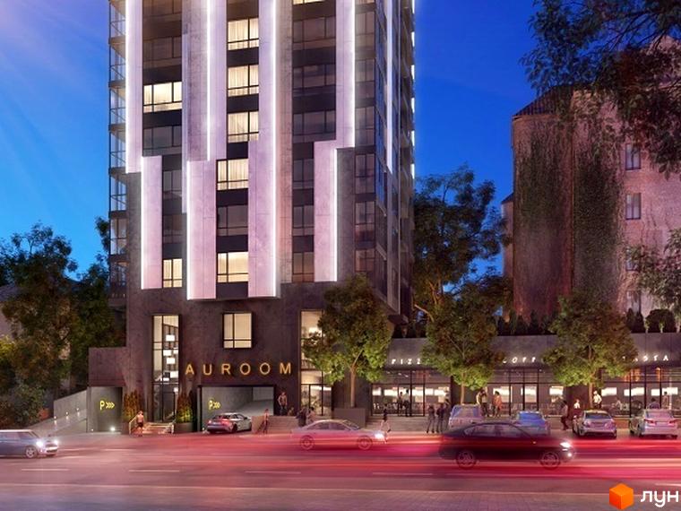 Зображення фасаду Новобудови AuRoom з панорамними вікнами та підсвіткою. На передньому плані дорога з автомобілями та пішохідна зона.