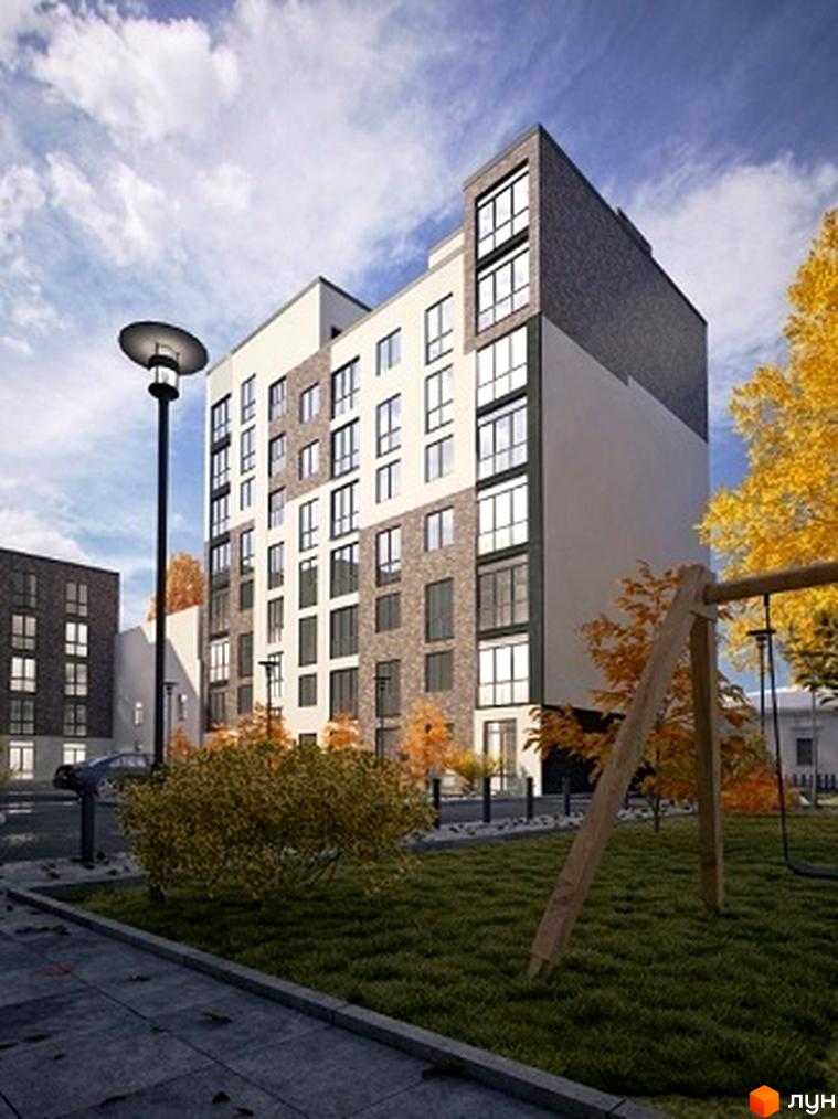 Житловий комплекс Park Hall Apartments з цегляним фасадом та великими вікнами. Поруч дитячий майданчик з гойдалкою та зелена зона з деревами.