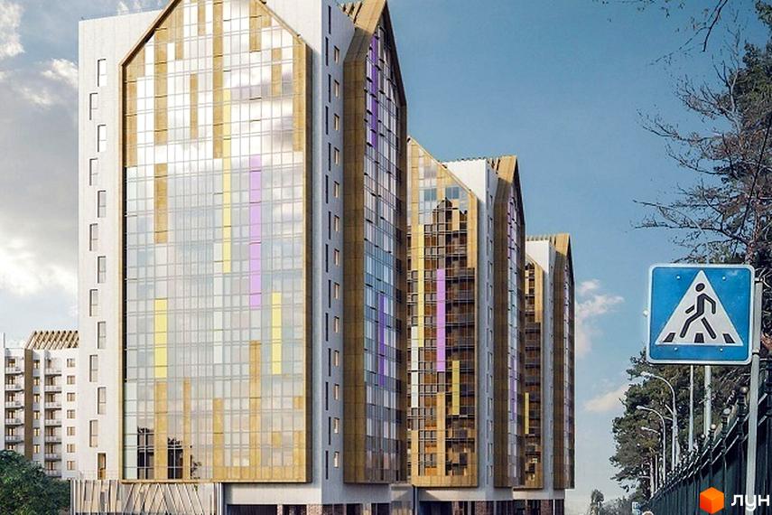 Зовнішній вигляд житлового комплексу Люксембург з високими будівлями, скляними фасадами та кольоровими елементами. Поруч видно пішохідний перехід та дерева.