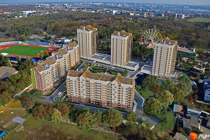 Житловий комплекс Люксембург: багатоповерхові будинки з коричневими дахами та балконами, зелена прибудинкова територія зі спортивним стадіоном та парком атракціонів.