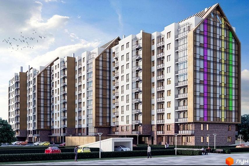 Зовнішній вигляд новобудови ЖК Люксембург з багатою скляною фасадною частиною та різнокольоровими вставками. Прибудинкова територія з зеленими насадженнями та місцями для паркування.