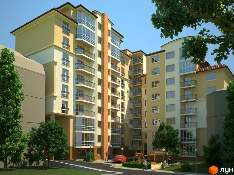 Житловий комплекс Едгар Дега: фасади будівель з балконами та панорамними вікнами, дитячий майданчик та зелена зона.