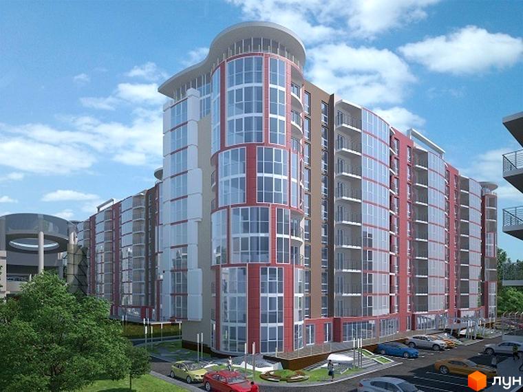 Будівельний проєкт Маєток Буковинський - багатоповерхова будівля з вигнутими фасадами та панорамними вікнами. На прибудинковій території розташовані зелені насадження та парковка з автомобілями.