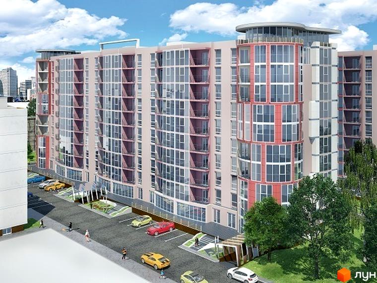 Зовнішній вигляд житлового комплексу Маєток Буковинський з численними вікнами та балконами, парковка та зелена зона біля будинку.