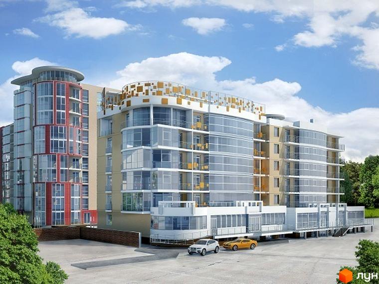 Новобудова ЖК Маєток Буковинський з панорамними вікнами та балконами, що виходить на парковку з двома автомобілями. Навколо зелені дерева та блакитне небо з хмарами.