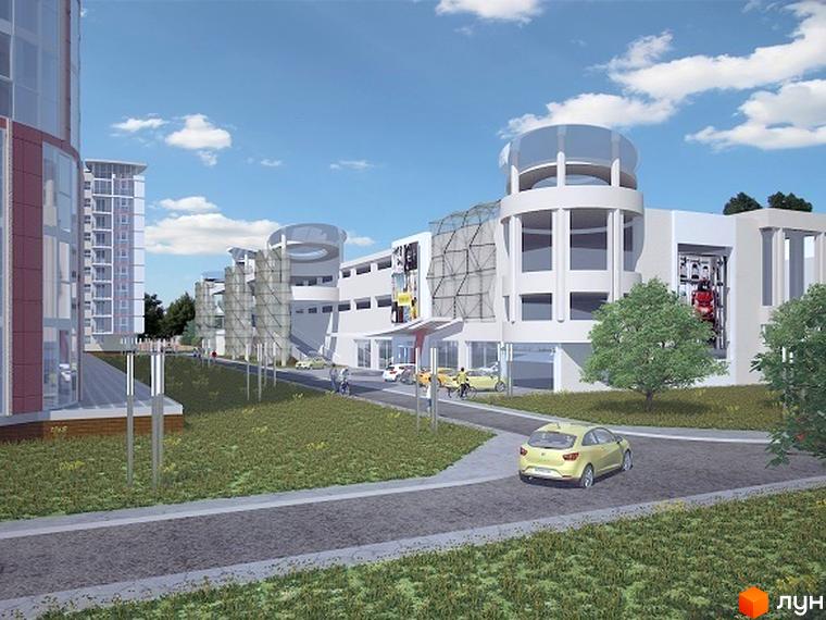 Житловий комплекс Маєток Буковинський. Зовнішній вигляд новобудови з панорамними вікнами та скляними елементами. Прибудинкова територія з дорогою та зеленими насадженнями.