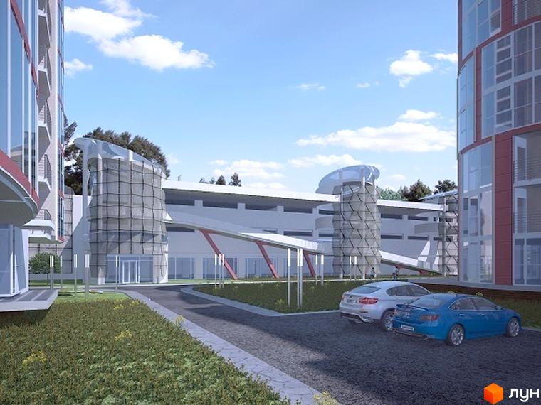 Житловий комплекс Маєток Буковинський з сучасною архітектурою та доглянутою прибудинковою територією з парковкою. Зовнішній вигляд будинку та паркувальні місця.