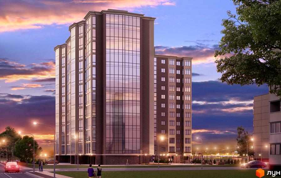 Житловий комплекс SokolovSky з фасадами з цегли та панорамним склінням. Навколо будинку зелена зона та освітлена вулиця з автомобілями.