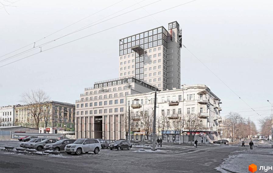 Житловий комплекс Дельмар Люкс – це сучасна новобудова з оригінальною архітектурою. Зовнішній вигляд будівлі доповнює парковка та міський пейзаж.