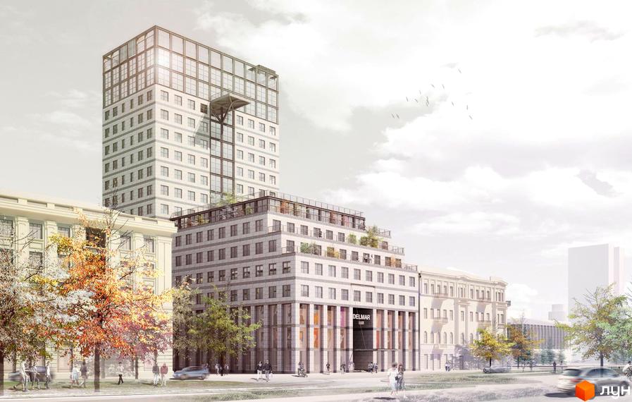 Зовнішній вигляд новобудови ЖК Delmar Lux з багатоповерховим будинком та терасами. Навколо будівлі розташовані дерева та пішохідна зона з людьми.