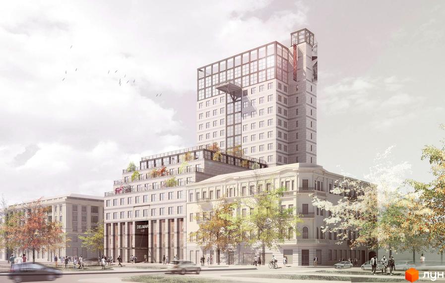 Житловий комплекс Delmar Lux – це багатоповерхова будівля з терасами та скляним верхнім ярусом. Навколо комплексу розташовані дерева та пішохідні зони.